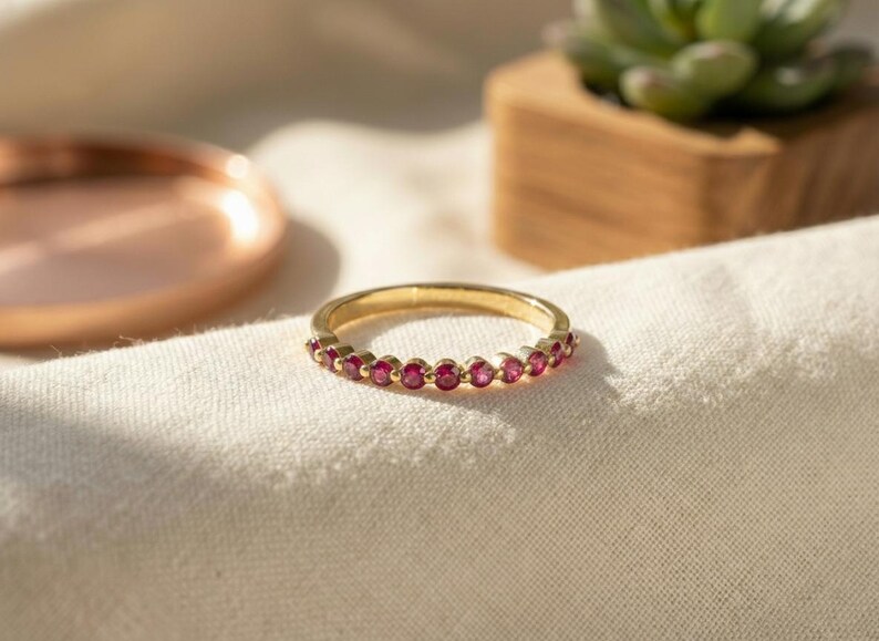 Classic Ruby Stackable Ring | 2.0 mm Single Prong Half Eternity Band | July Birthstone Wedding Ring image 8
