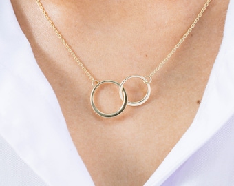 Interlocking Circle Necklace, 14K Solid Gold Double Circle Pendant, Karma Circle Necklace, Eternity Circle Necklace, Valentinus&#39;s Day Gift