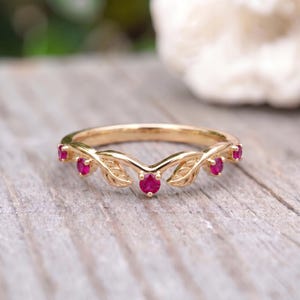 Delicate Ruby Leaf Ring | Nature Inspired V-Shape Stacking Band | Anniversary Wedding Promise Ring | Unique Gemstone Jewelry Gift