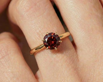 Classic Red Garnet Ring in Gold | Round Cut Solitaire Engagement Ring | January Birthstone Gift for Her