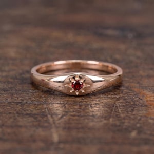 Granat signetring, januari födelsestensring, CZ granat stjärnexplosionsring, läcker himmelsk ring, vintage guldring present till henne