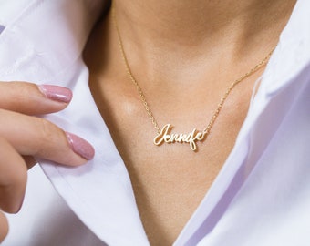 Jennifer Name Necklace, 14k Solid Gold Nameplate Necklace, Personalized Necklace Gifts for Women, Anniversary Gifts