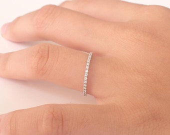 Micro Pave Eternity Platinum Diamond Wedding Band, 1.3mm Half Eternity Stackable Band, Thin Dainty Band, Best Valentines Day Gifts for Her