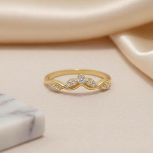 Curved Moissanite Chevron Ring | V Shape Stacking Wedding Band | Nature Inspired Vine Art Deco Bridal Jewelry