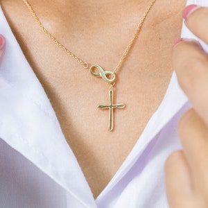 Infinity Cross Pendant Necklace, 14K Solid Gold Lariat Necklace, Infinity Luck Necklace, Religious Necklace for Women image 5