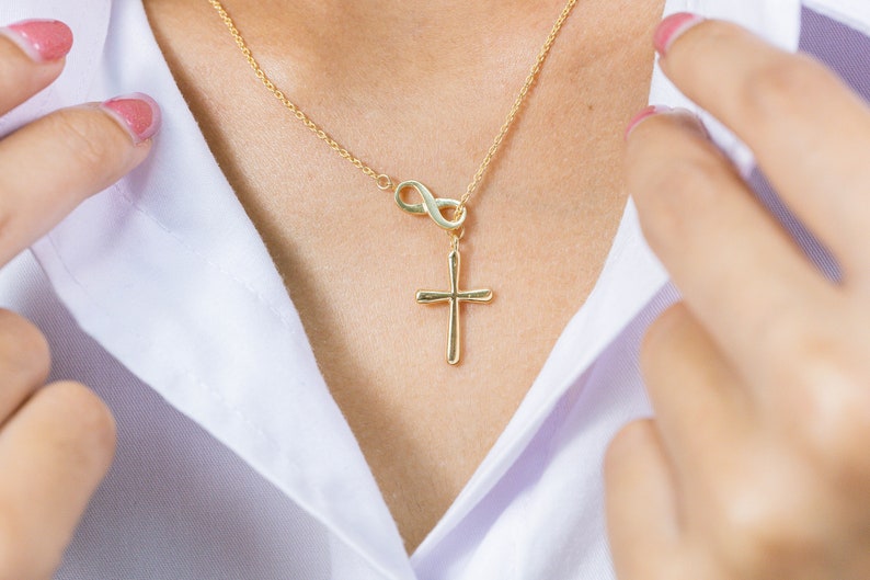Infinity Cross Pendant Necklace, 14K Solid Gold Lariat Necklace, Infinity Luck Necklace, Religious Necklace for Women image 5