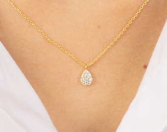 14K Gold Pear Cut Diamond Necklace: Dainty Teardrop Pendant