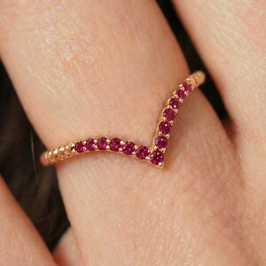 Ruby V Ring, July Birthstone Ring, Dainty Chevron Stacking Band, Pave Ruby Ring, 925 Sterling Silver Birthday Gift for Her