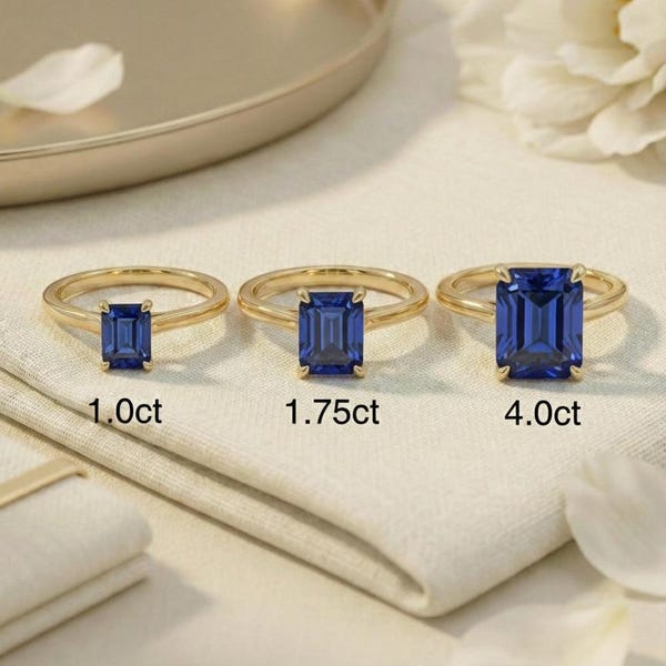 Blue Sapphire Solitaire Ring | Emerald Cut Minimalist Engagement Ring | September Birthstone Promise Ring