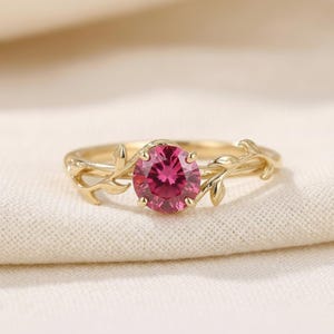 0,8 kt robijnen ring, vintage ronde robijn ring, op de natuur geïnspireerde wijnstok stapelring, ring geboortesteen juli afbeelding 2