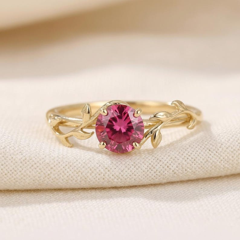 0,8 kt robijnen ring, vintage ronde robijn ring, op de natuur geïnspireerde wijnstok stapelring, ring geboortesteen juli afbeelding 2