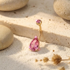Sparkling Pink Teardrop Belly Button Ring | Dainty Gold Navel Piercing Jewelry | Elegant CZ Dangle Belly Ring | Summer Body Jewelry Gift
