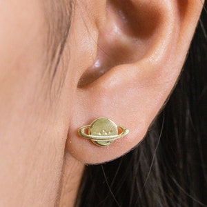 14K Solid Gold Saturn Stud Earrings: Tiny Universe Jewelry