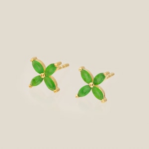 Marquise Cut Emerald Stud Earrings, 14K Solid Gold Four Stone Flower Studs, May Birthstone Gifts, Bridal Earrings