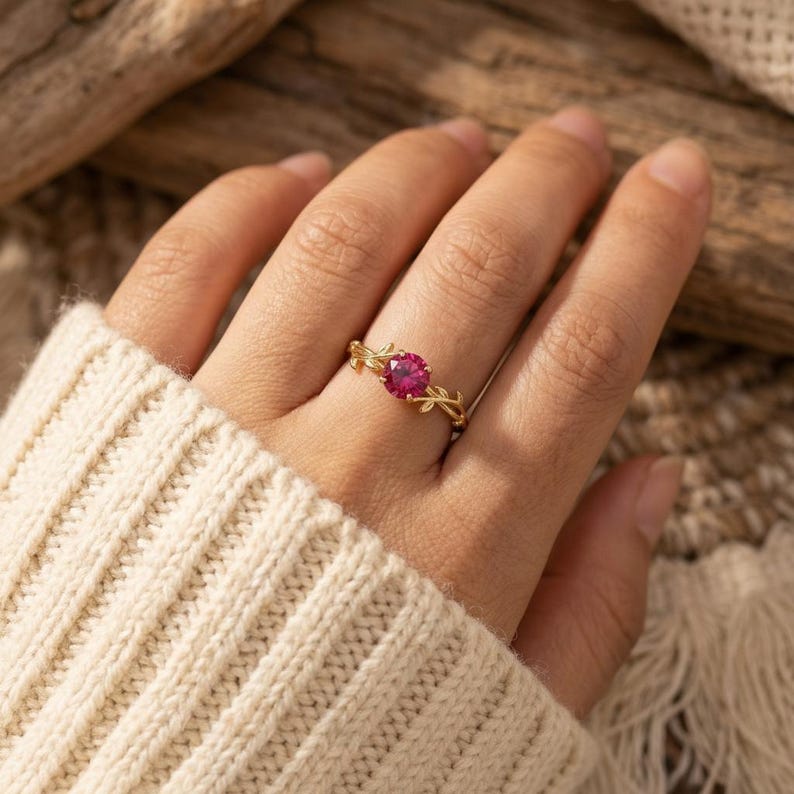 0,8 kt robijnen ring, vintage ronde robijn ring, op de natuur geïnspireerde wijnstok stapelring, ring geboortesteen juli afbeelding 7