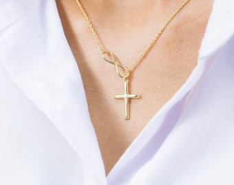 Infinity Cross Necklace, 14K Solid Gold Infinity Cross Pendant, Faith Forever Necklace, Christian Gift for Women