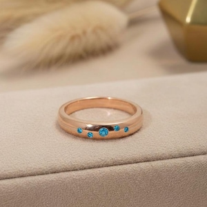 Blue Zircon Birthstone Push Present Ring Celestial Wedding Band Gemstone Stacking Ring December Birthday Gift