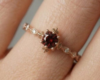Dainty Vintage Garnet Ring | Marquise Accented Promise Engagement Ring | January Birthstone Jewelry for Her