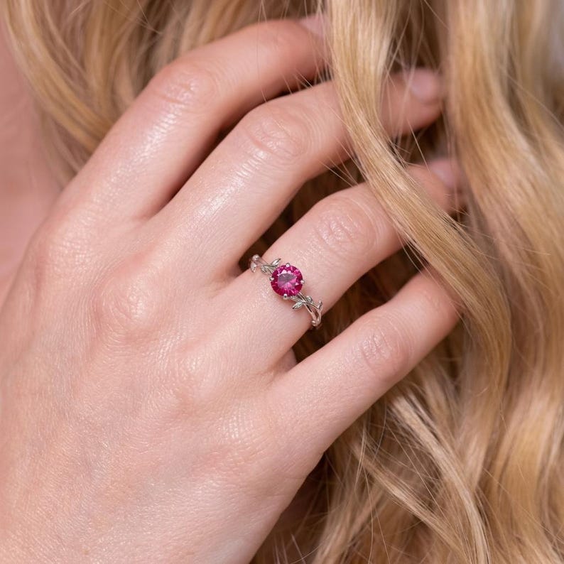 0,8 kt robijnen ring, vintage ronde robijn ring, op de natuur geïnspireerde wijnstok stapelring, ring geboortesteen juli afbeelding 5