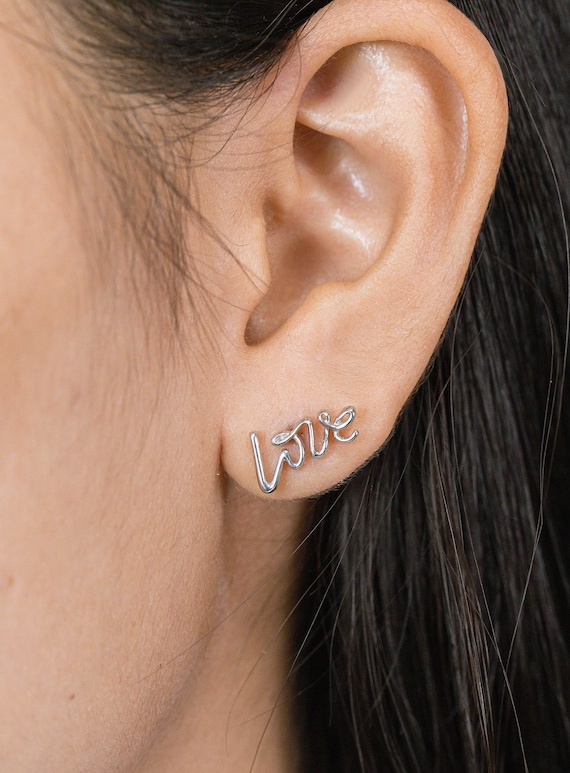 Minimalist Love Earrings 14K Solid Gold Love Studs Cute Love