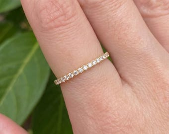 14k Gold Diamond Wedding Band: 1.5mm Micro Pave Half Eternity Ring
