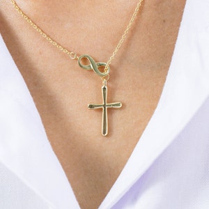 Infinity Cross Pendant Necklace, 14K Solid Gold Lariat Necklace, Infinity Luck Necklace, Religious Necklace for Women image 2