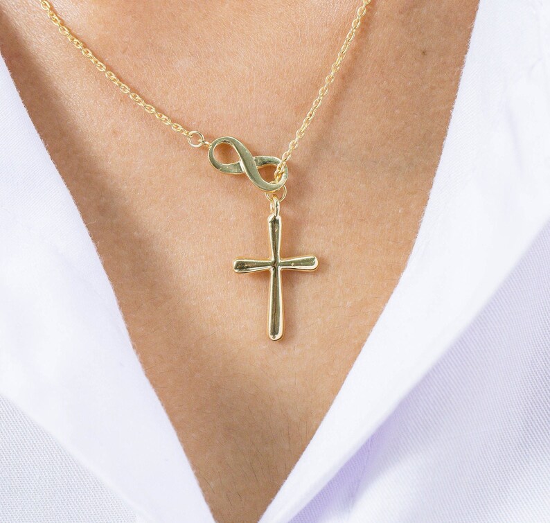 Infinity Cross Pendant Necklace, 14K Solid Gold Lariat Necklace, Infinity Luck Necklace, Religious Necklace for Women image 2