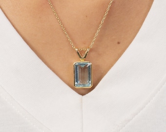 8.5 Caret Bezel Set Aquamarine Necklace, March Birthstone Gifts, Emerald Cut Solitaire Pendant Necklace, Layering Necklace, Bridal Jewelry