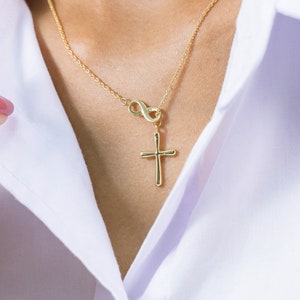 Infinity Cross Pendant Necklace, 14K Solid Gold Lariat Necklace, Infinity Luck Necklace, Religious Necklace for Women image 9