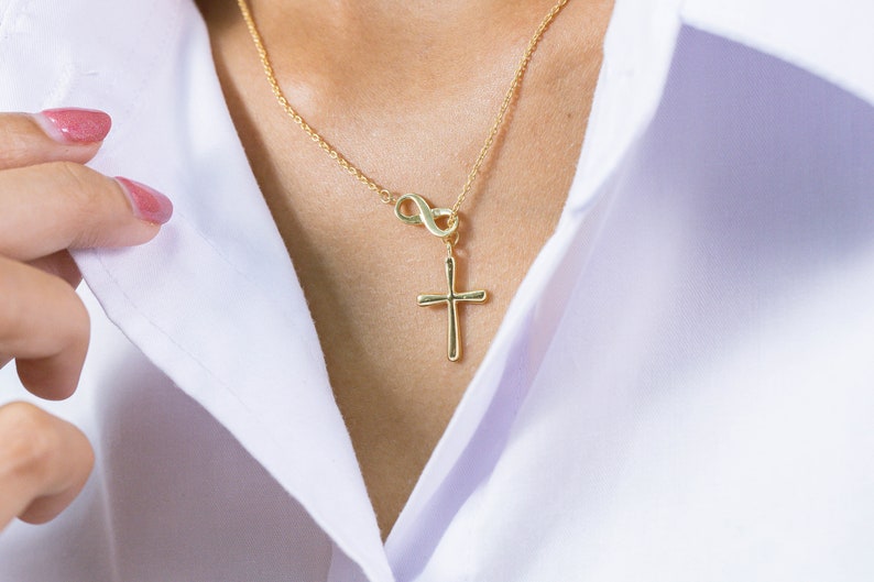 Infinity Cross Pendant Necklace, 14K Solid Gold Lariat Necklace, Infinity Luck Necklace, Religious Necklace for Women image 9