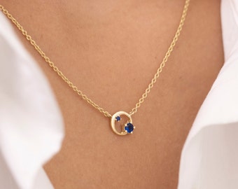 Blue Sapphire Karma Necklace, September Birthstone Gift, 14K Solid Gold Cluster Necklace, Karma Gold Necklace, Tiny Circle Necklace