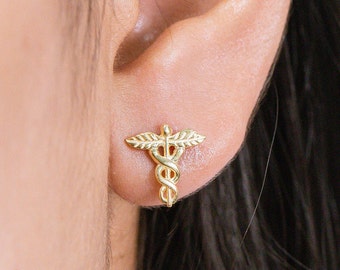 Caduceus Stud Earrings, 14K Solid Gold Medical Symbol Earrings, Caduceus Medical Jewelry, Earrings for Doctor Nurse
