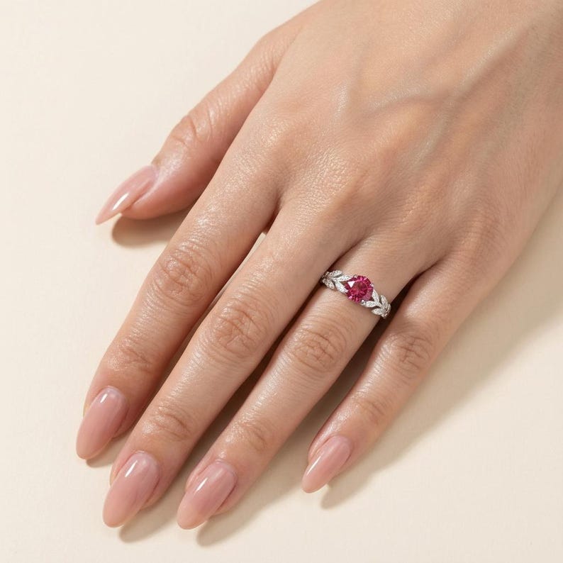 0,8 kt robijnen ring, vintage ronde robijn ring, op de natuur geïnspireerde wijnstok stapelring, ring geboortesteen juli afbeelding 13