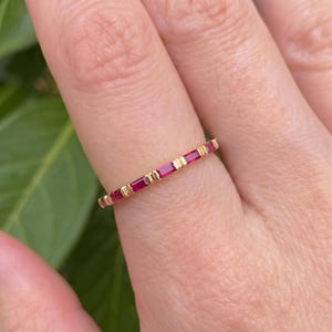 Delicate Ruby Baguette Eternity Band Ring | 14K Gold Stacking Ring | Genuine Gemstone Anniversary Gift for Her | July Birthstone