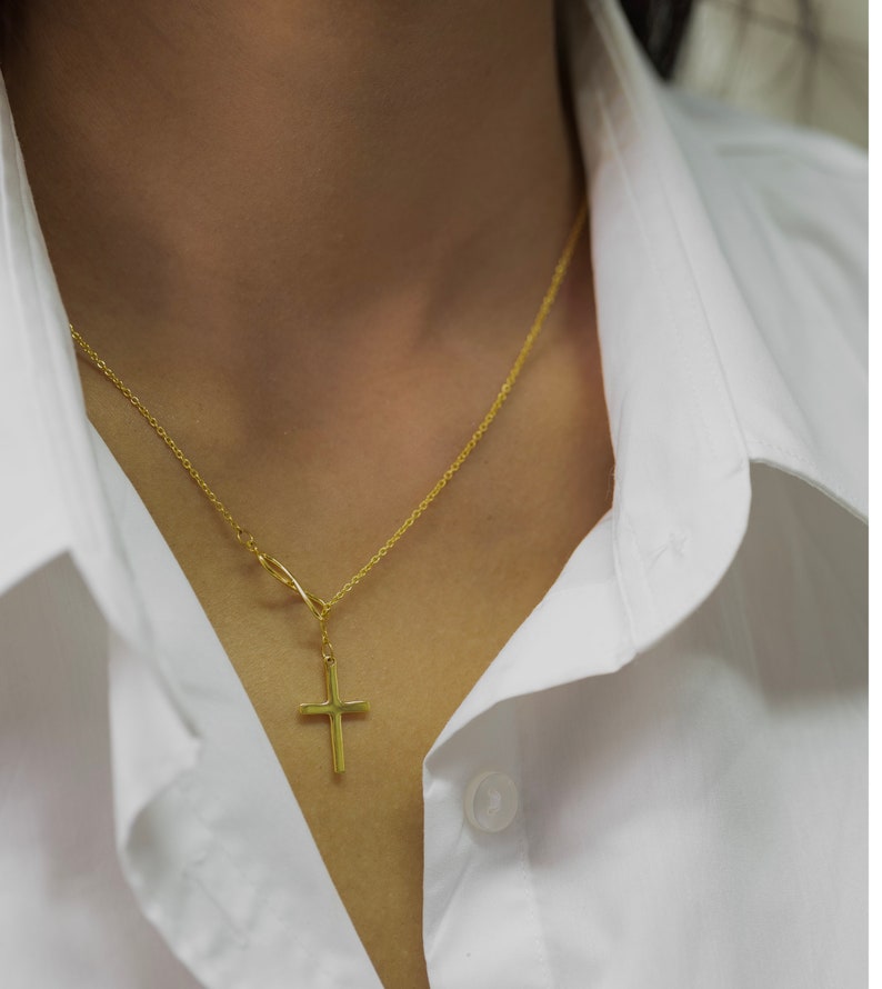 Infinity Cross Pendant Necklace, 14K Solid Gold Lariat Necklace, Infinity Luck Necklace, Religious Necklace for Women image 6
