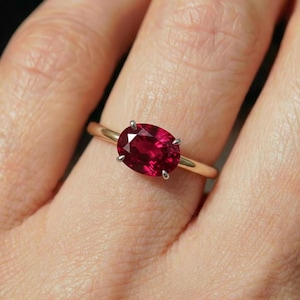 Dainty Ruby Birthstone Ring for Mom | East West Oval Cut 2.0 CT | Yellow Gold Vermeil Travel Engagement Ring