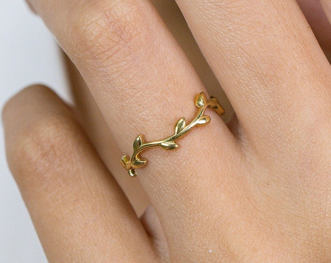 Featured listing image: Minimalist Leaf Ring, 14k Solid Gold Vine Ring, Womens Gold Leaf Ring, Nature Ring, Gift for nature Lover, Valentinus's Day Gift