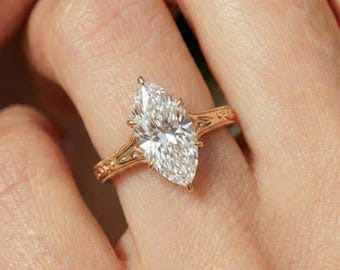 Anello con moissanite a taglio marquise d'ispirazione vintage, elegante anello di fidanzamento/matrimonio, gioiello unico per la proposta di matrimonio.