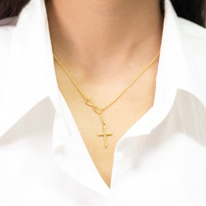 Infinity Cross Pendant Necklace, 14K Solid Gold Lariat Necklace, Infinity Luck Necklace, Religious Necklace for Women image 4