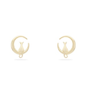 Cat Stud Earrings, 14k Solid Gold Cat Studs, Cat In The Moon Stud Earrings, Dainty Fish Cat Earrings, Minimalist Earrings