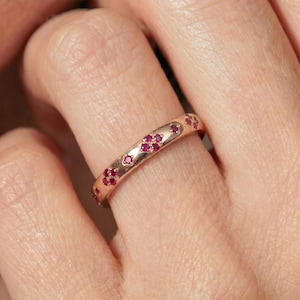 Delicate Gold & Ruby Stacking Ring | 14K Gold Ruby Band | Unique Floral Cluster Design | July Birthstone Anniversary Gift