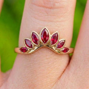 Ruby Marquise Curved Band, Solid Gold Stacking Ring, Tiara Crown Enhancer, Red Gemstone Anniversary Ring, Unique Wedding Jewelry