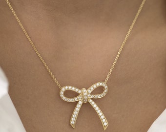 Ribbon Infinity Necklace, 14k Solid Gold Ribbon Pendant Necklace, Ribbon Diamond Necklace, Dainty Necklace for Women