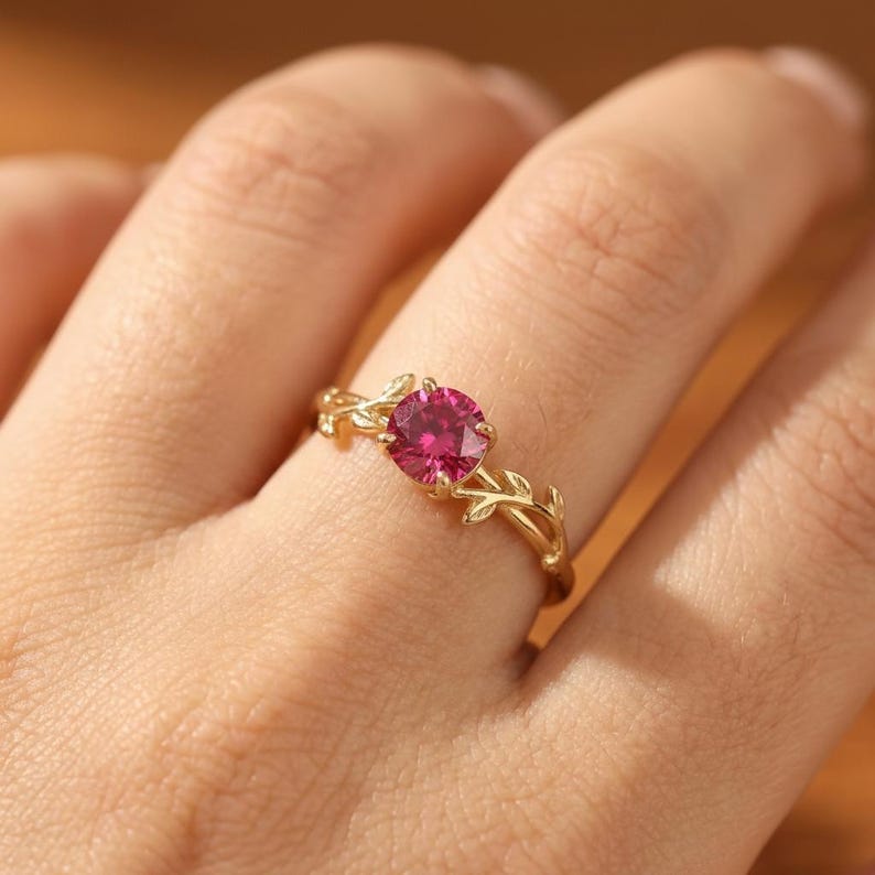 0,8 kt robijnen ring, vintage ronde robijn ring, op de natuur geïnspireerde wijnstok stapelring, ring geboortesteen juli afbeelding 3