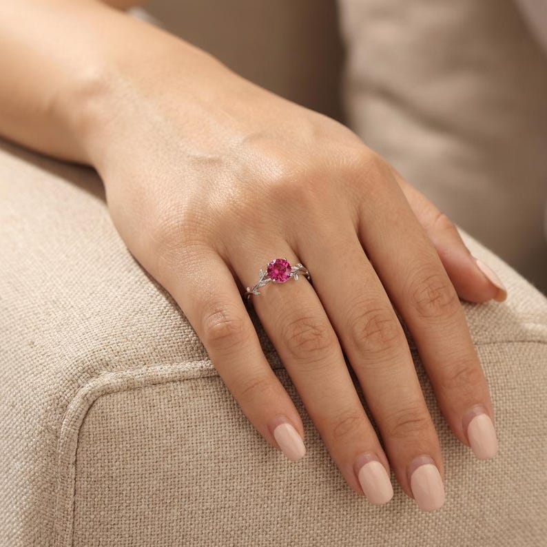 0,8 kt robijnen ring, vintage ronde robijn ring, op de natuur geïnspireerde wijnstok stapelring, ring geboortesteen juli afbeelding 12