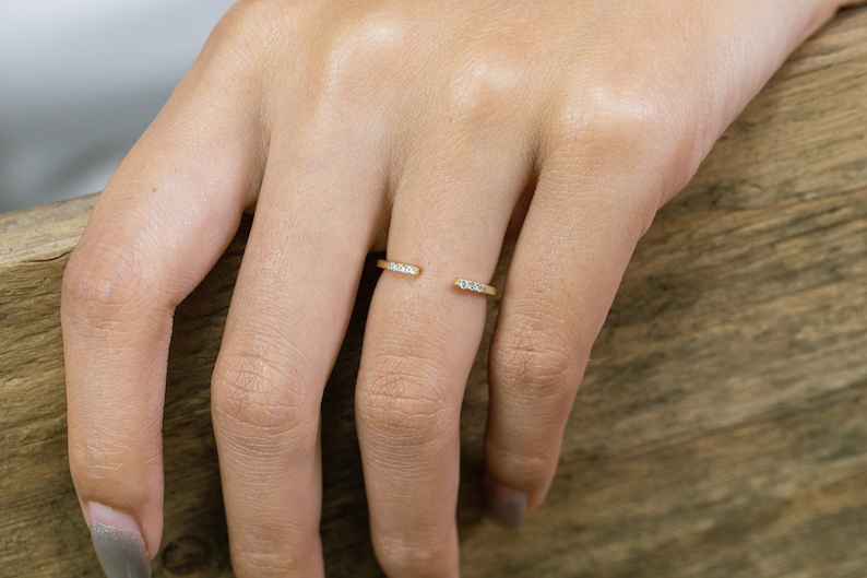 Diamond Open Ring, 14K Solid Gold Diamond Band, Open Enhancer Band, Matching Stackable Ring, Dainty Wedding Ring image 10