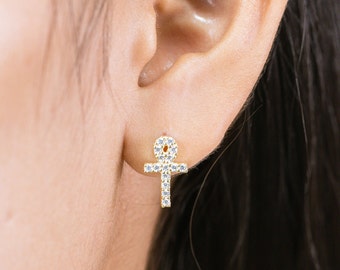 14K Solid Gold Diamant Anch Kreuz Ohrstecker