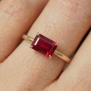 Emerald Cut Ruby Gold Ring | Minimalist Red Gemstone Dainty Stacking Ring | Promise Ring | Anniversary Gift for Her | July Birthstone