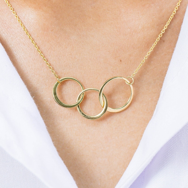 Three Interlocking Circle Necklace, 3 Generations Necklace Gift, 14K Solid Gold Circle Eternity Necklace, Karma Circle, Valentine Day Sale