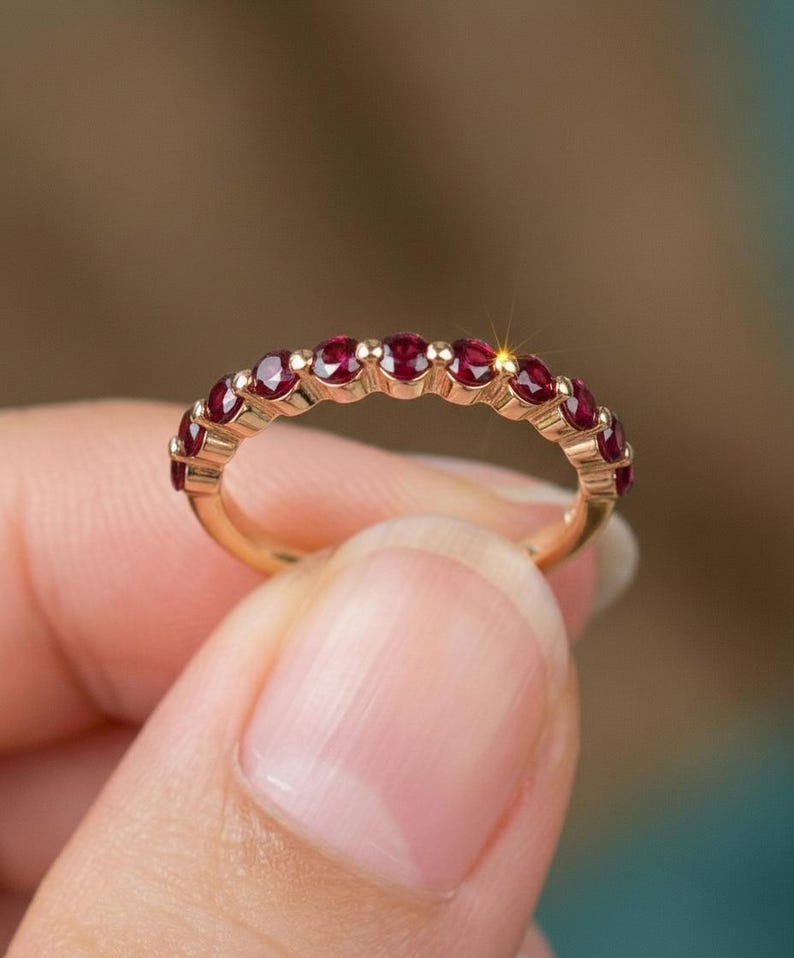 Classic Ruby Stackable Ring | 2.0 mm Single Prong Half Eternity Band | July Birthstone Wedding Ring image 3